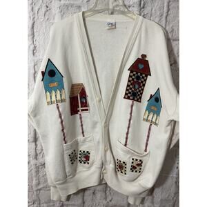 Vintage Quitman USA Birdhouse Whimsical Button Up Sweatshirt Large 90s